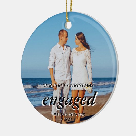Eigen foto met eerste Kerstmis, zwart script Keramisch Ornament (Links)