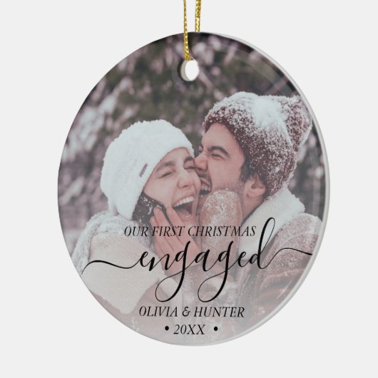 Eigen foto met eerste Kerstmis, zwart script Keramisch Ornament (Links)