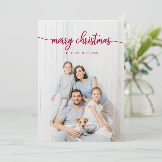 Eigen foto met kerstrood script kaart (Staand voorkant)