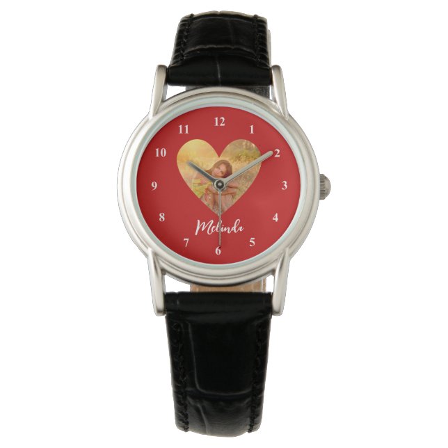 Eigen foto Red Heart Lijst Moderne kalligrafie Horloge (Voorkant)