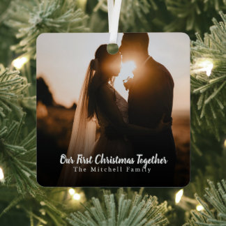 Eigen foto-tekensleepjes, eerste kerstfeest samen metalen ornament