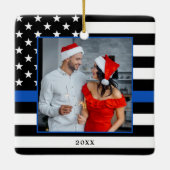 Eigen foto van politie-kerstmis met blauwe lijn keramisch ornament (Achterkant)