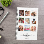 Eigen fotocollage-monogram, wit, modern 2023 planner<br><div class="desc">Maak je eigen unieke familiefoiliteit als geschenk of voor jezelf. Gebruik vier, negen van uw favoriete foto's van uw familie, vrienden, droomreisbestemming of huisdier! Pas een naam, een monogram en een jaar aan en voeg deze toe. De naam wordt geschreven met een modern handgeschreven stijlmanuscript met swashes. Zwarte en grijze...</div>