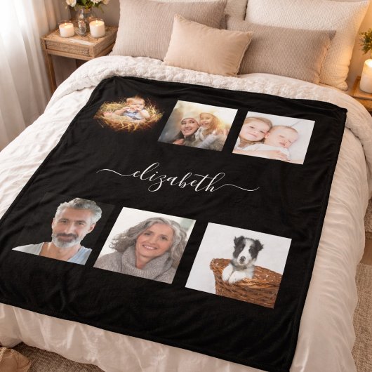 Eigen fotocollage zwart, monogegrammeerd fleece deken