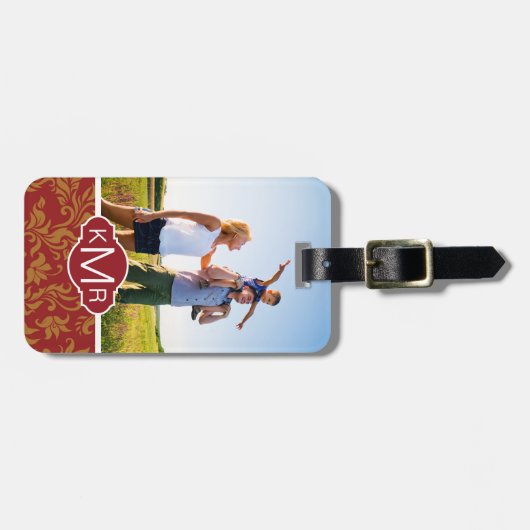Eigen foto's en monogram rood en gouden patroon bagagelabel (Voorkant horizontaal)