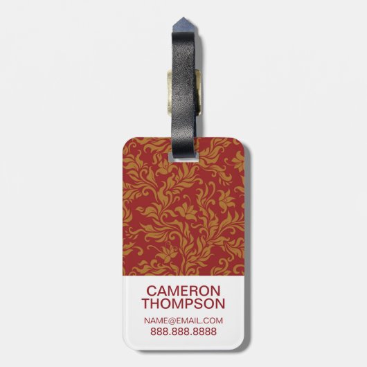 Eigen foto's en monogram rood en gouden patroon bagagelabel (Achterkant verticaal)