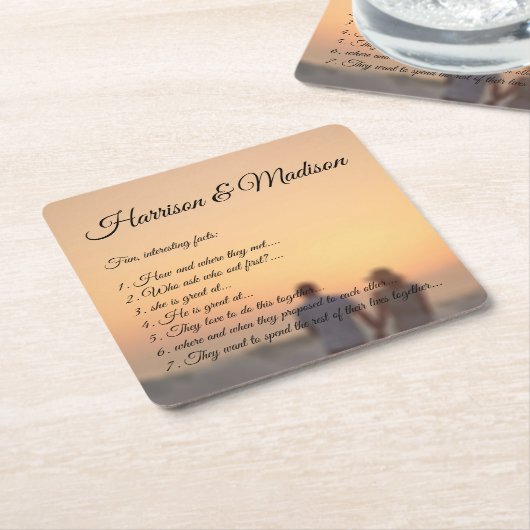 Eigen fotoscript, paar leuke feiten bruiloft kartonnen onderzetters (Schuin)