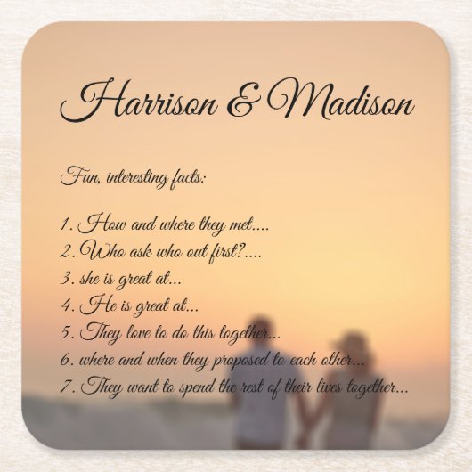 Eigen fotoscript, paar leuke feiten bruiloft kartonnen onderzetters (Voorkant)