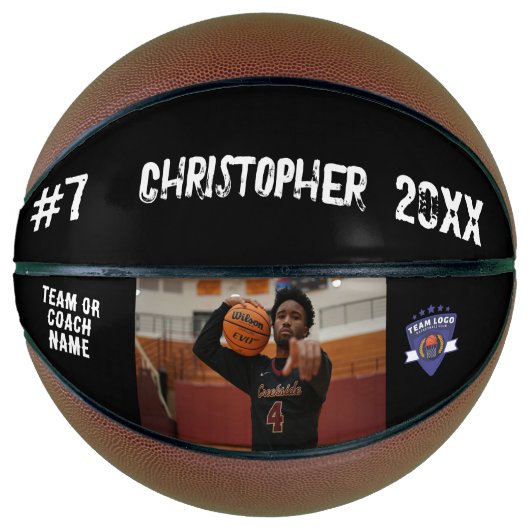 Eigen fotospeler naam nummer team logo zwart basketbal (Voorkant)