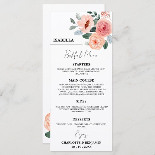 Eigen gastnaam Floral Wedding Buffet Menu (Voorkant / Achterkant)