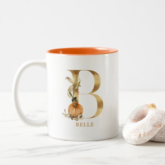 Eigen Gold Alphabet B-monogram | Floral Pumpkin Tweekleurige Koffiemok (Met donut)