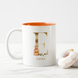 Eigen goudalfabet E-monogram | Floral Pumpkin Tweekleurige Koffiemok