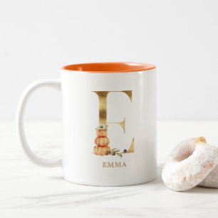Eigen goudalfabet E-monogram   Floral Pumpkin Tweekleurige Koffiemok