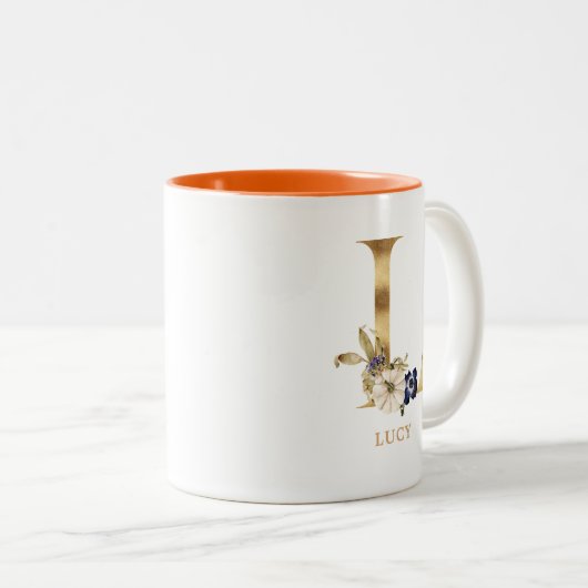 Eigen goudalfabet L - Monogram | Floral Pumpkin Tweekleurige Koffiemok (Voorkant rechts)