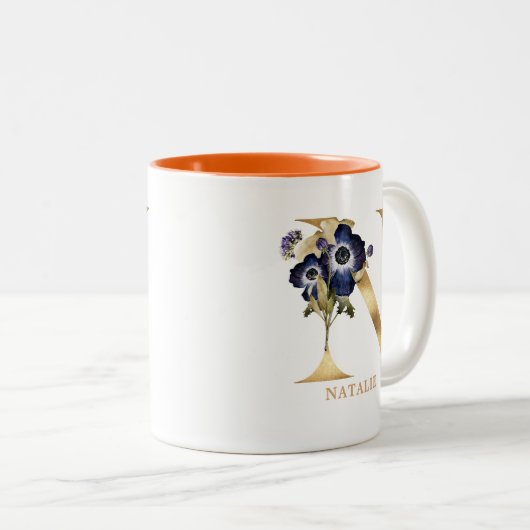 Eigen goudalfabet N-monogram | Autumn Floral Tweekleurige Koffiemok (Voorkant rechts)