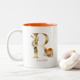 Eigen goudalfabet R-monogram | Floral Pumpkin Tweekleurige Koffiemok