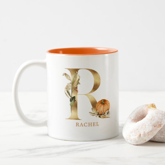 Eigen goudalfabet R-monogram | Floral Pumpkin Tweekleurige Koffiemok (Met donut)