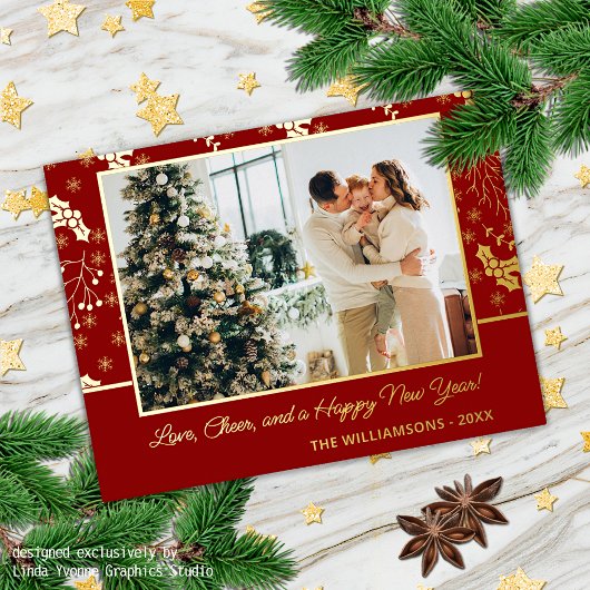 Eigen goudkleurige goudbessen verlaten spinkoppen folie feestdagen briefkaart