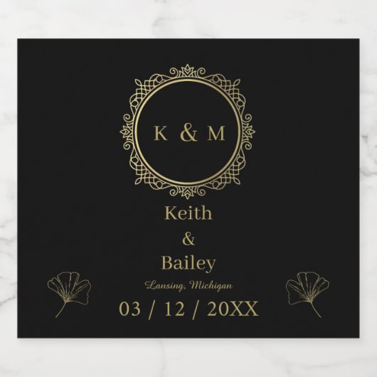 Eigen goudnaam Monogram zwart waslabel Sparkling Wijnetiket (Enkel label)