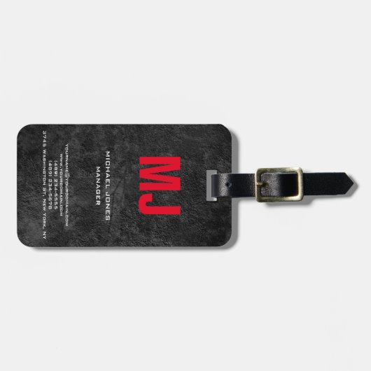 Eigen grijze, verticale rode monogram bagagelabel (Voorkant horizontaal)