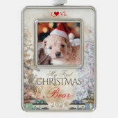 Eigen huisdier foto aandenken, kerstbomen & cadeau verzilverd omlijst ornament (Voorkant)