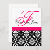 Eigen huwelijksuitnodigingsmonogram Fushia Damask Kaart (Voorkant / Achterkant)