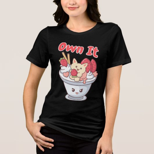 Eigen ijs met Kawaii Cat & Aardbeien Tri-Blend Shirt (Voorkant)
