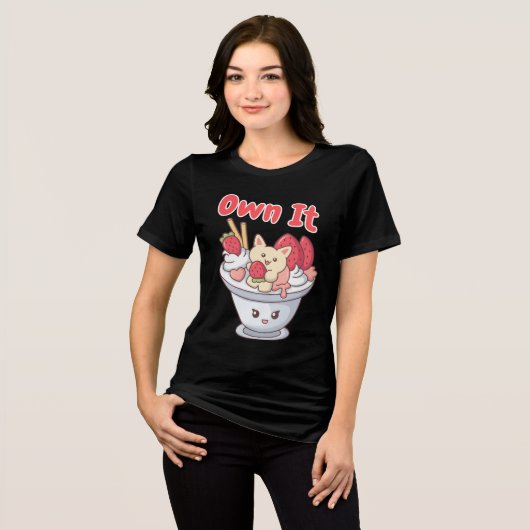Eigen ijs met Kawaii Cat & Aardbeien Tri-Blend Shirt (Voorkant volledig)