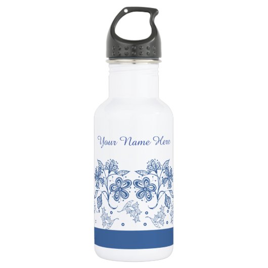Eigen Indigo Blue Floral Border Water Bottle Waterfles (Voorkant)