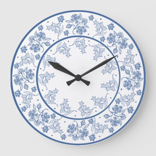 Eigen indigoon op witte Floral Border Wall Clock Grote Klok (Voorkant)