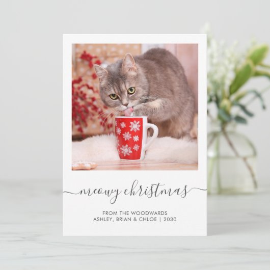 Eigen kat-foto Meowy-kerstscript Feestdagenkaart (Staand voorkant)