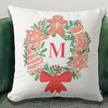 Eigen kerstcadeaumonogram kussen<br><div class="desc">Dit is het seizoen om te versieren! Voeg dit charmante kussen toe aan uw feestelijke inrichting. Het is versierd met een waterverf kerstkrans van kerstkoekjes en seizoensgebonden gebladerte. U kunt het aanpassen met uw initiaal. Originele Waterverf © Michele Davies.</div>