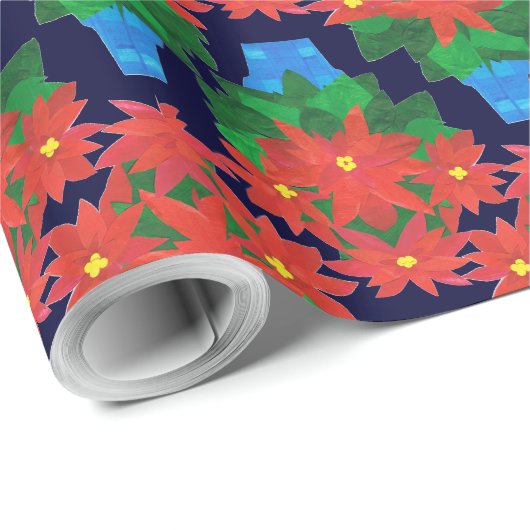 Eigen kerstcadeautje: Poinsettias, blauw Cadeaupapier (Rol Hoek)