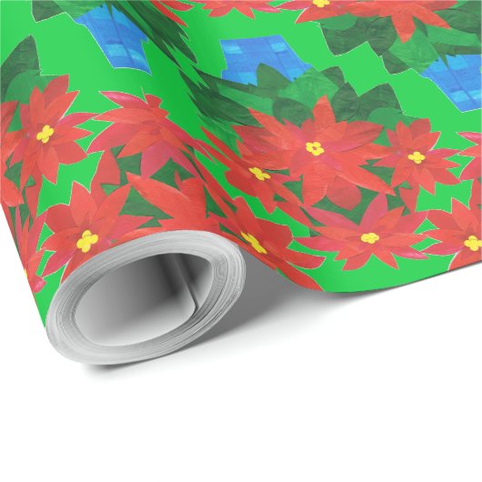 Eigen kerstcadeautje: Poinsettias, groen Cadeaupapier (Rol Hoek)