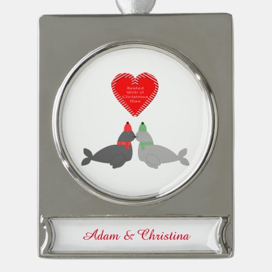 Eigen kerstcadeauzegels verzilverd banner ornament (Voorkant)