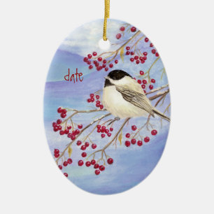 Eigen kerstcichorei, vogel en bessen keramisch ornament