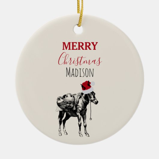 Eigen kerstfeest Donkey Santa Hat Keramisch Ornament (Voorkant)