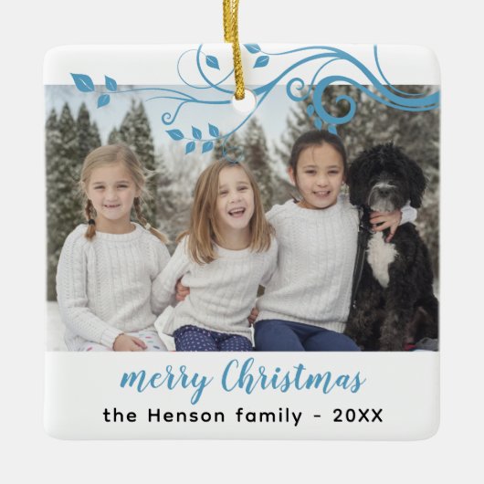 Eigen kerstfoto Blauwe vulling Keramisch Ornament (Voorkant)