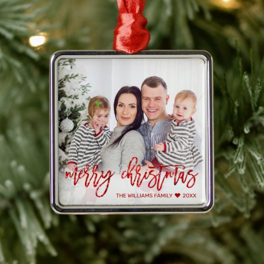 Eigen kerstfoto rood glitter-script metalen ornament (Boom)