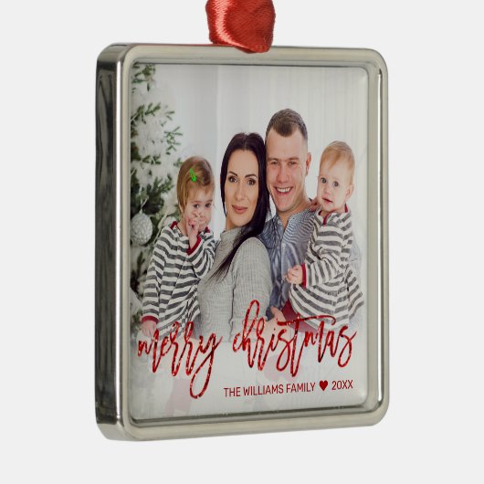 Eigen kerstfoto rood glitter-script metalen ornament (Rechts)