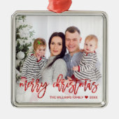 Eigen kerstfoto rood glitter-script metalen ornament (Voorkant)