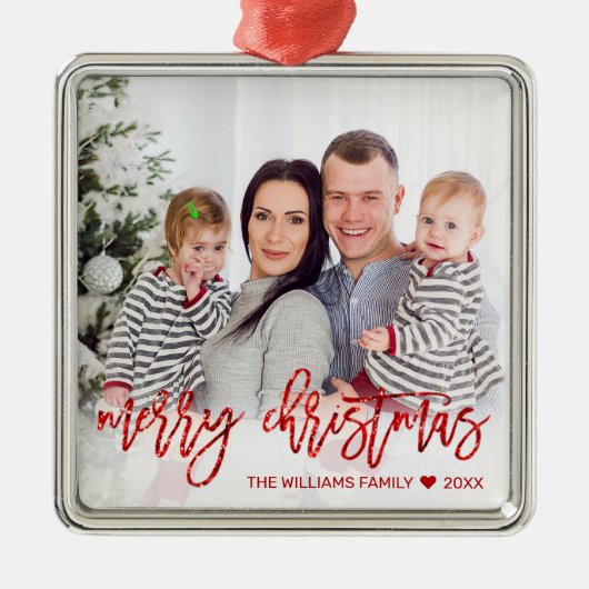 Eigen kerstfoto rood glitter-script metalen ornament (Voorkant)