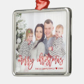 Eigen kerstfoto rood glitter-script metalen ornament (Links)