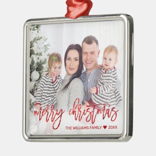 Eigen kerstfoto rood glitter-script metalen ornament (Links)