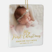 Eigen kerstfoto voor Baby Girl Gold Script Keramisch Ornament (Rechts)