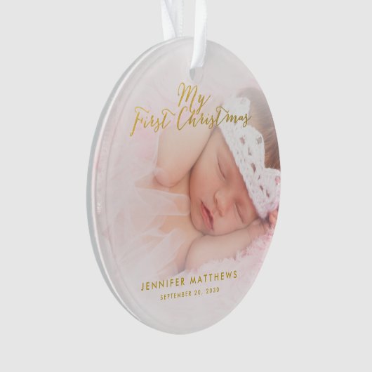 Eigen kerstfoto voor Baby Girl Gold Script Ornament (voorkant)