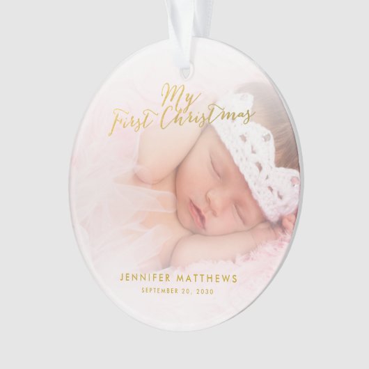 Eigen kerstfoto voor Baby Girl Gold Script Ornament (voorkant)