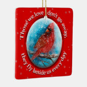 Eigen kerstmandinale sneeuwvlokken op rood keramisch ornament (Rechts)