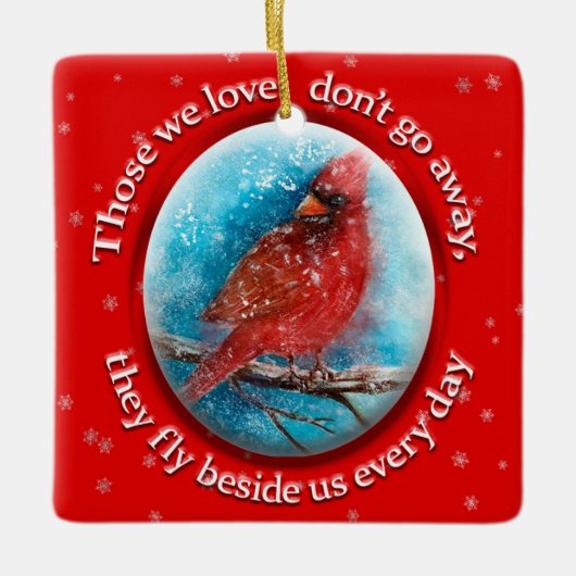 Eigen kerstmandinale sneeuwvlokken op rood keramisch ornament (Voorkant)