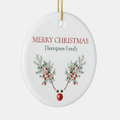 Eigen kerstrode snuitrennen met ringpijnbessen keramisch ornament (Rechts)